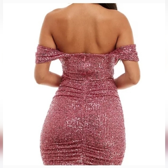 $179 Bebe Women's Off Sholder Dress Mini Silhouette Sequined Large Mauve New - Picture 4 of 12